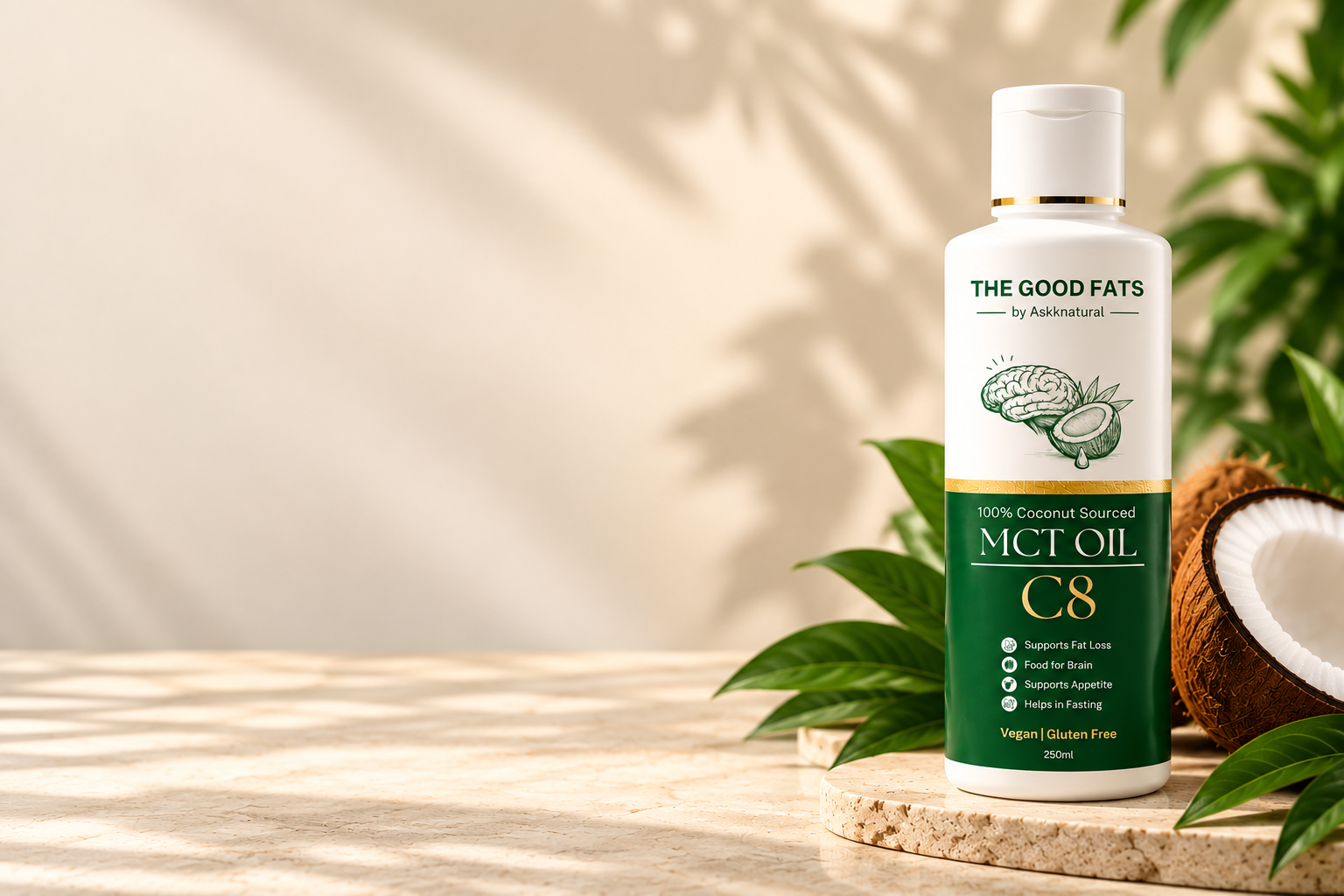 The Good Fats MCT C8 OIL Bottle and Coconut